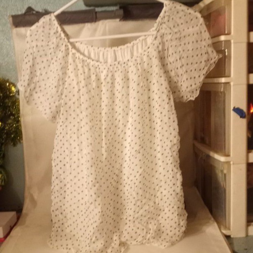 Luisa Ricci White and Tan Polka Dot Sheer Short Sleeve Silk Top
